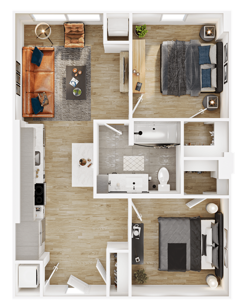 Floor plan for 2 beds, 1 bath, 762 sqft